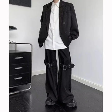 American Niche Fashion Wide-leg Pants Men's Design Dark and Handsome Elastic Waist Trousers Draped Straight-leg Floor Trousers